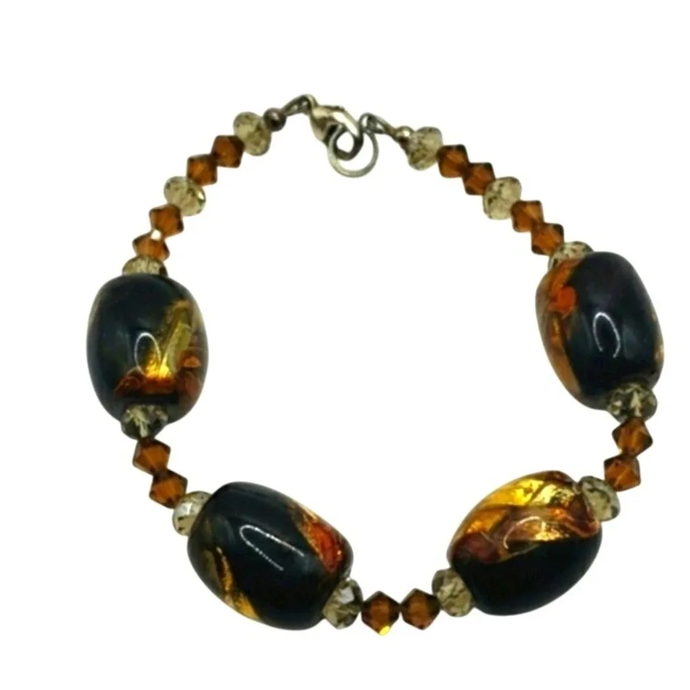 Murano Style Art Glass Bracelet Black Brown Gold Sparkle‎ Accents Beads